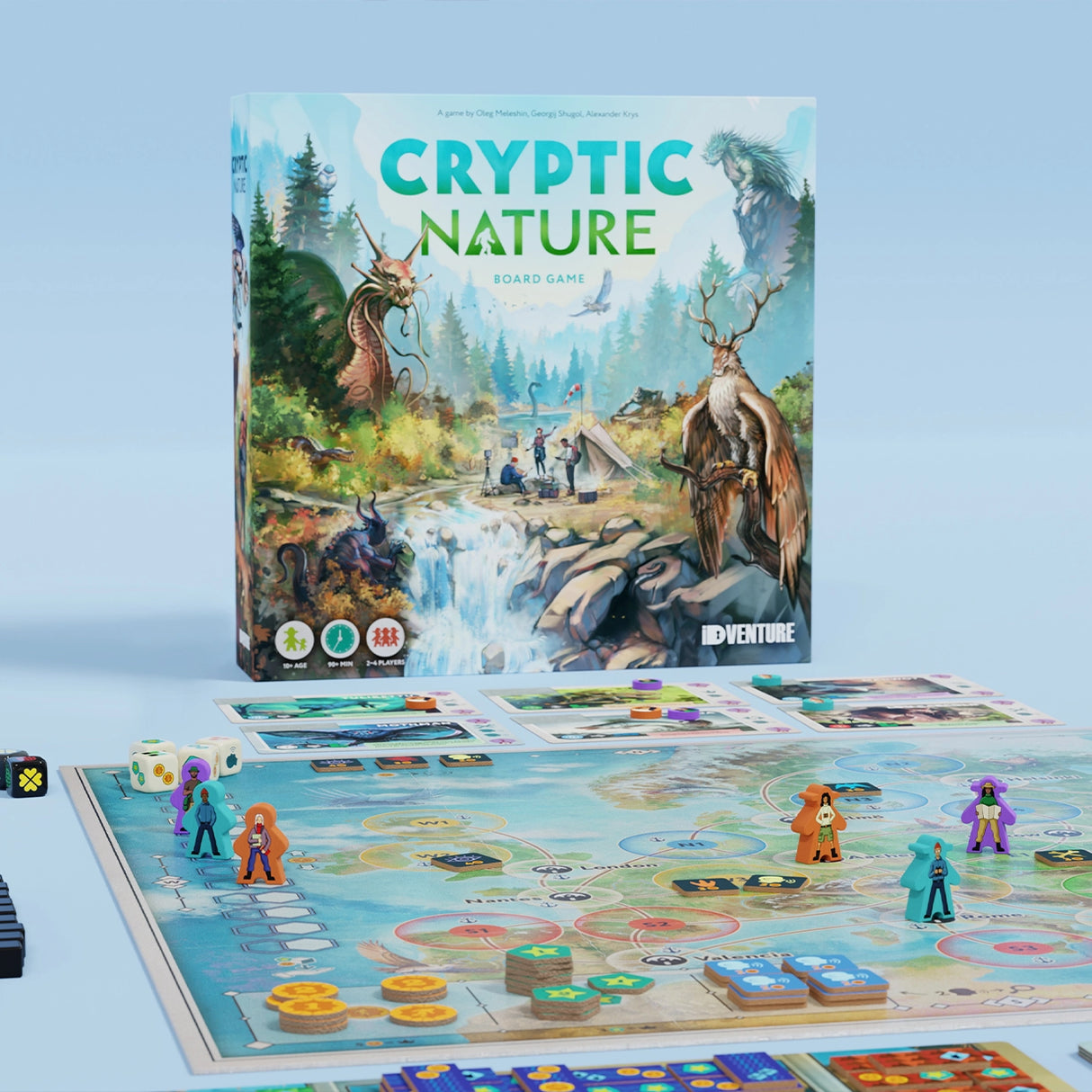 Brettspiel Cryptic Nature mit Spielplan Spielfiguren und Karten auf blauem Hintergrund