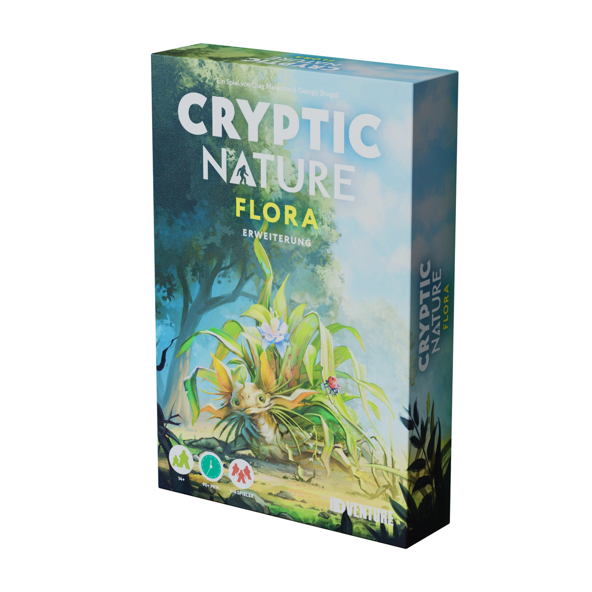 Spielschachtel der Erweiterung Cryptic Nature Flora mit einer Fabelwesen Illustration im Wald