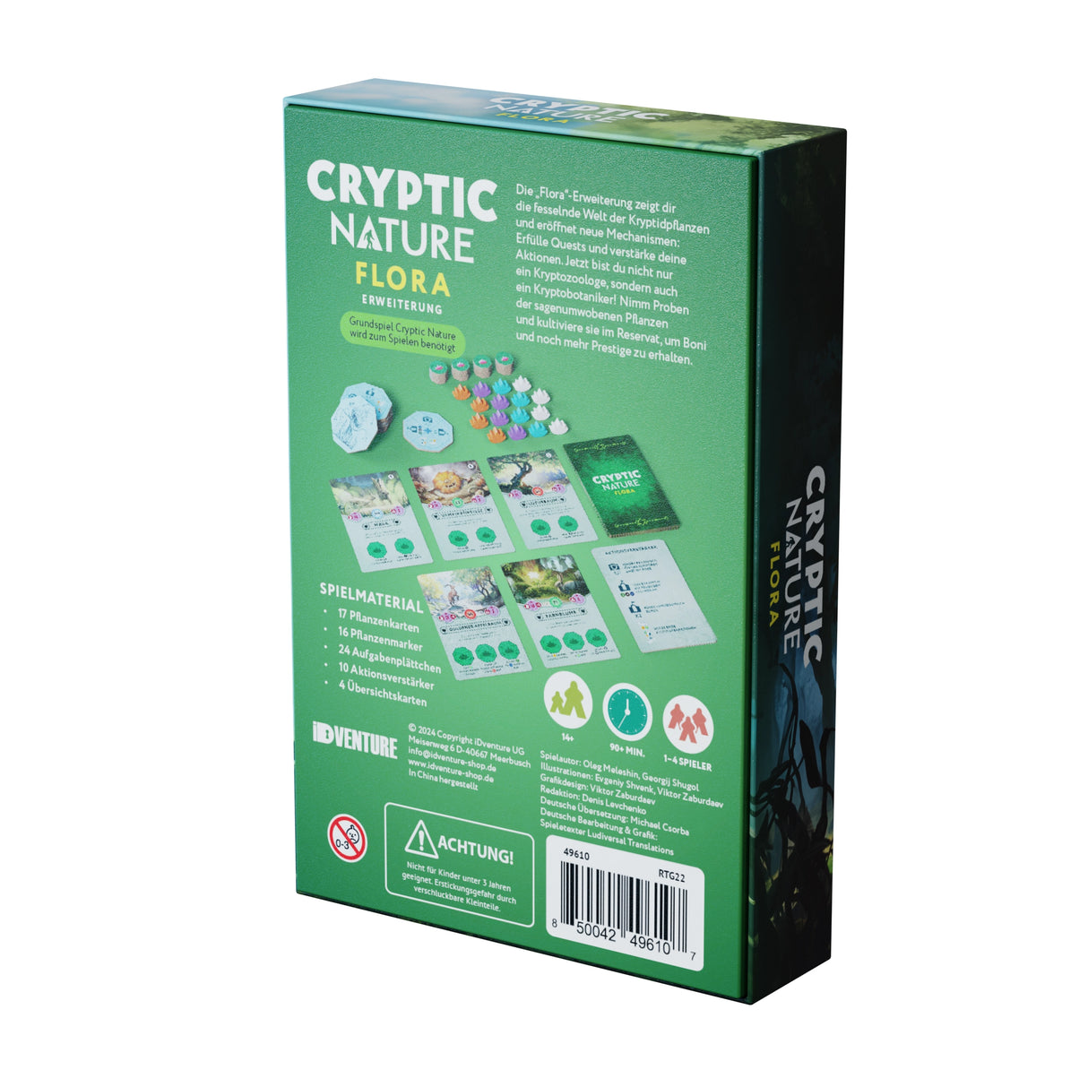 Rueckseite der Spieleschachtel Cryptic Nature Flora mit Spielmaterial und Informationen