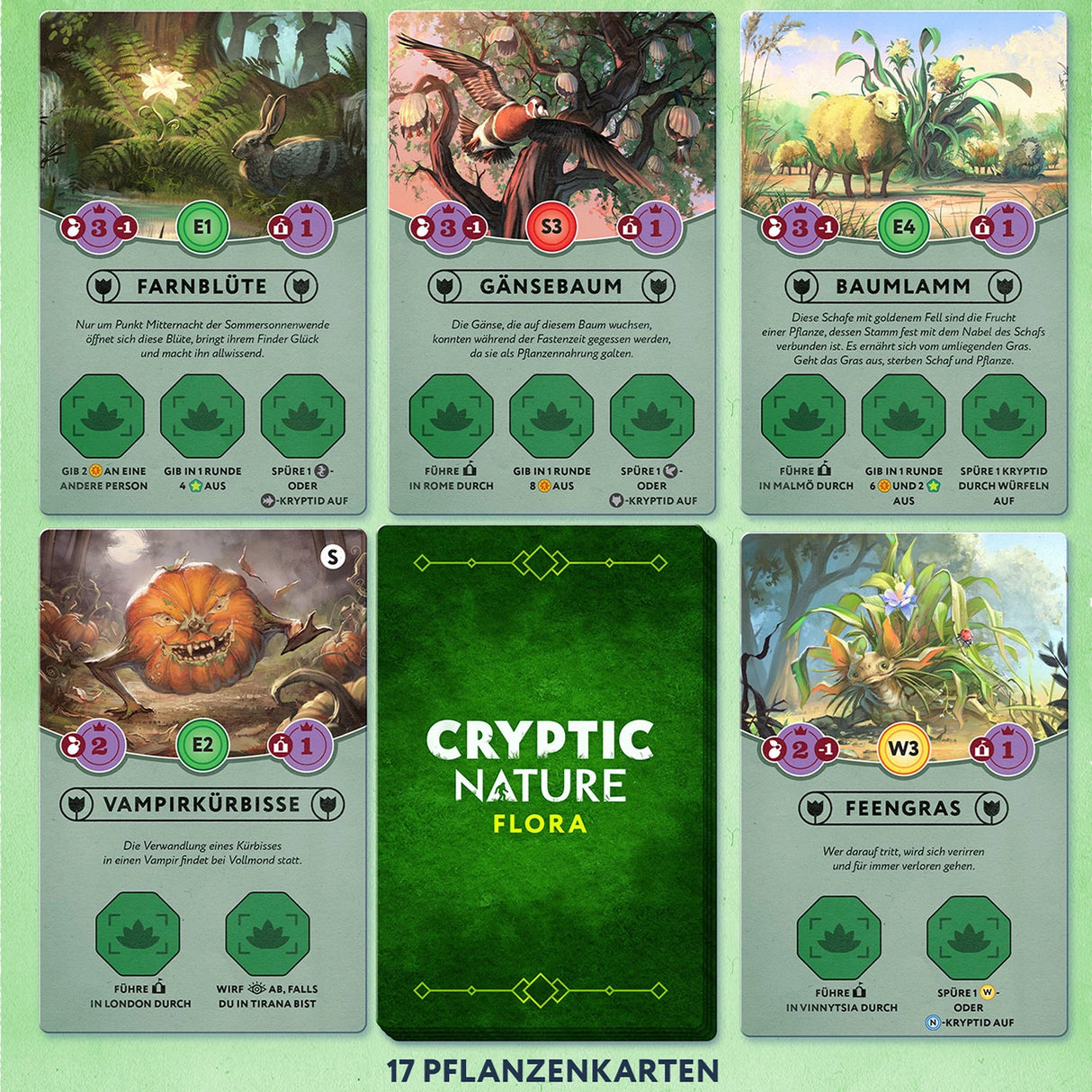 Fünf Spielkarten und eine Kartenrückseite mit der Aufschrift Cryptic Nature Flora aus einem Brettspiel