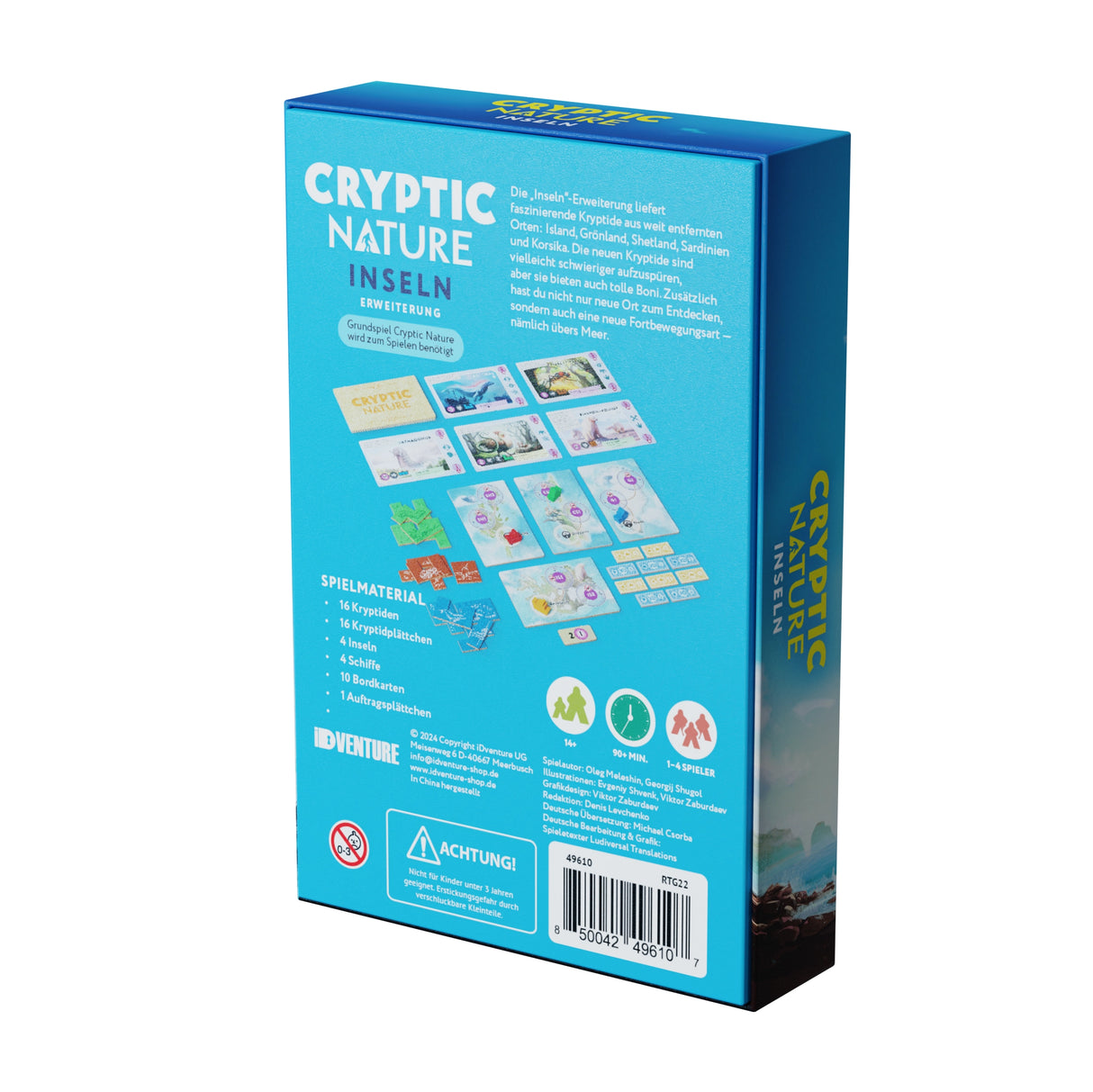 Rückseite der Spieleschachtel Cryptic Nature Inseln mit Spielmaterialübersicht und Informationen