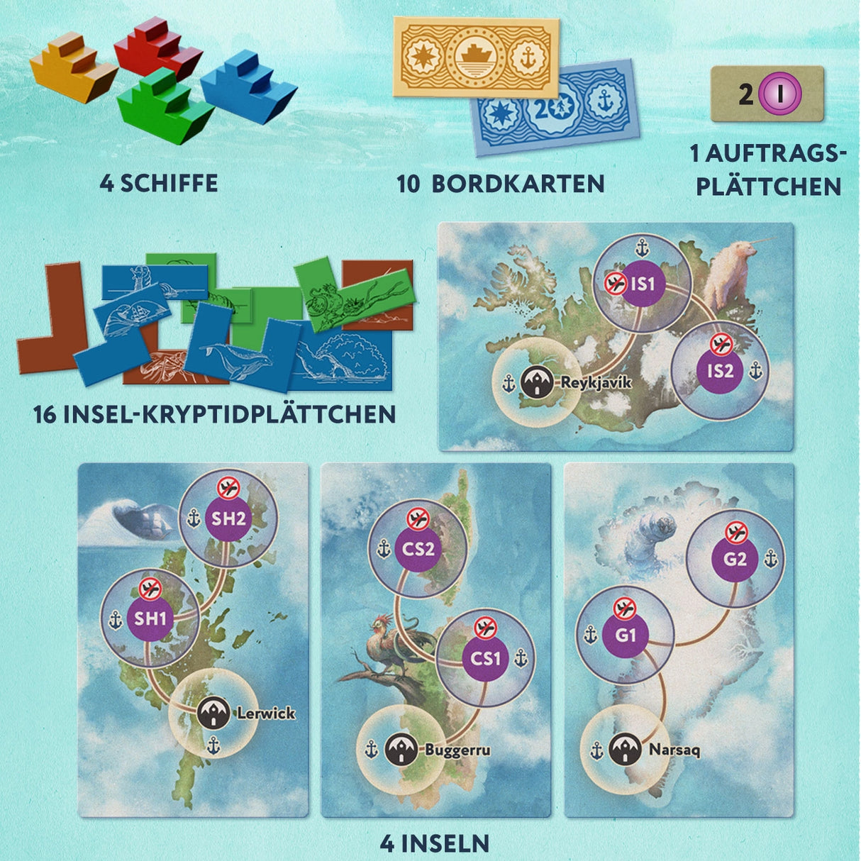 Spielmaterial bestehend aus Schiffen, Bordkarten, Auftragsplättchen, Inselplättchen und vier Inselkarten