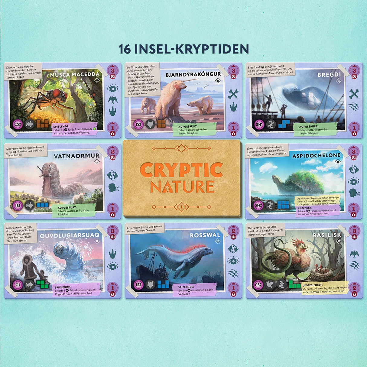 Acht Spielkarten mit Illustrationen von Fabelwesen und Texten auf einem blauen Hintergrund