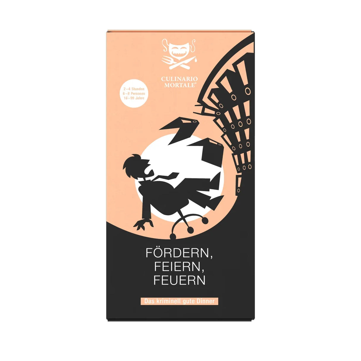 Culinario Mortale Spielbox mit Illustration eines Mannes auf einem Stuhl und Text Förder Feiern Feuern
