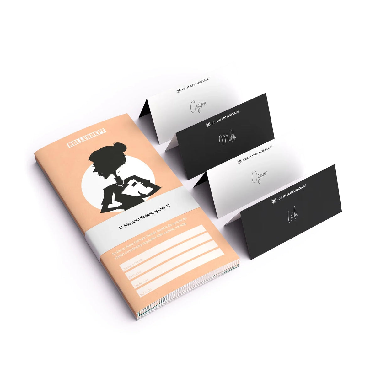 Ein beiges Rollenheft mit einer schwarzen Silhouette und vier schwarzen und weißen Namenskarten