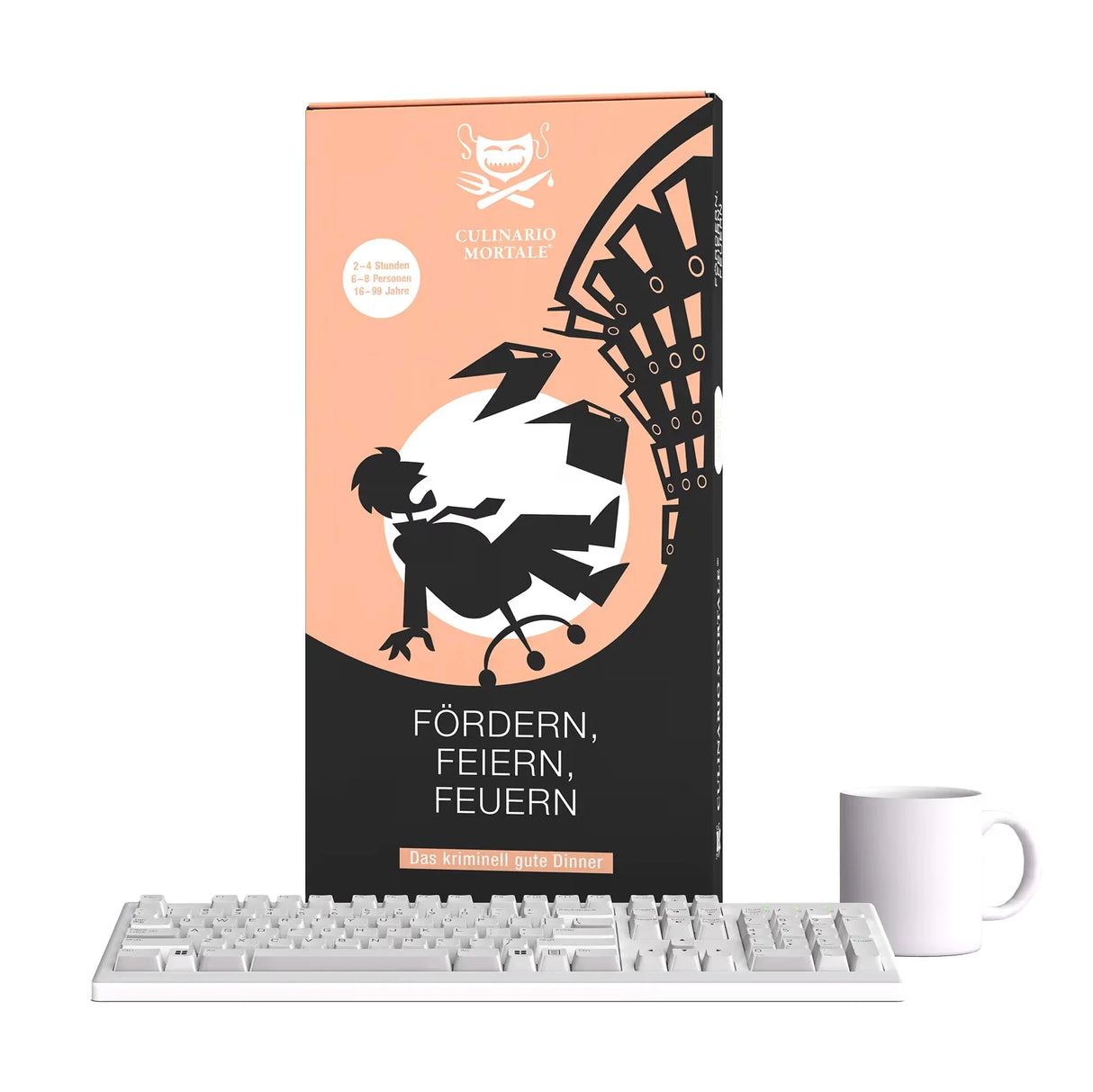 Culinario Mortale Spielbox mit Tastatur und Tasse
