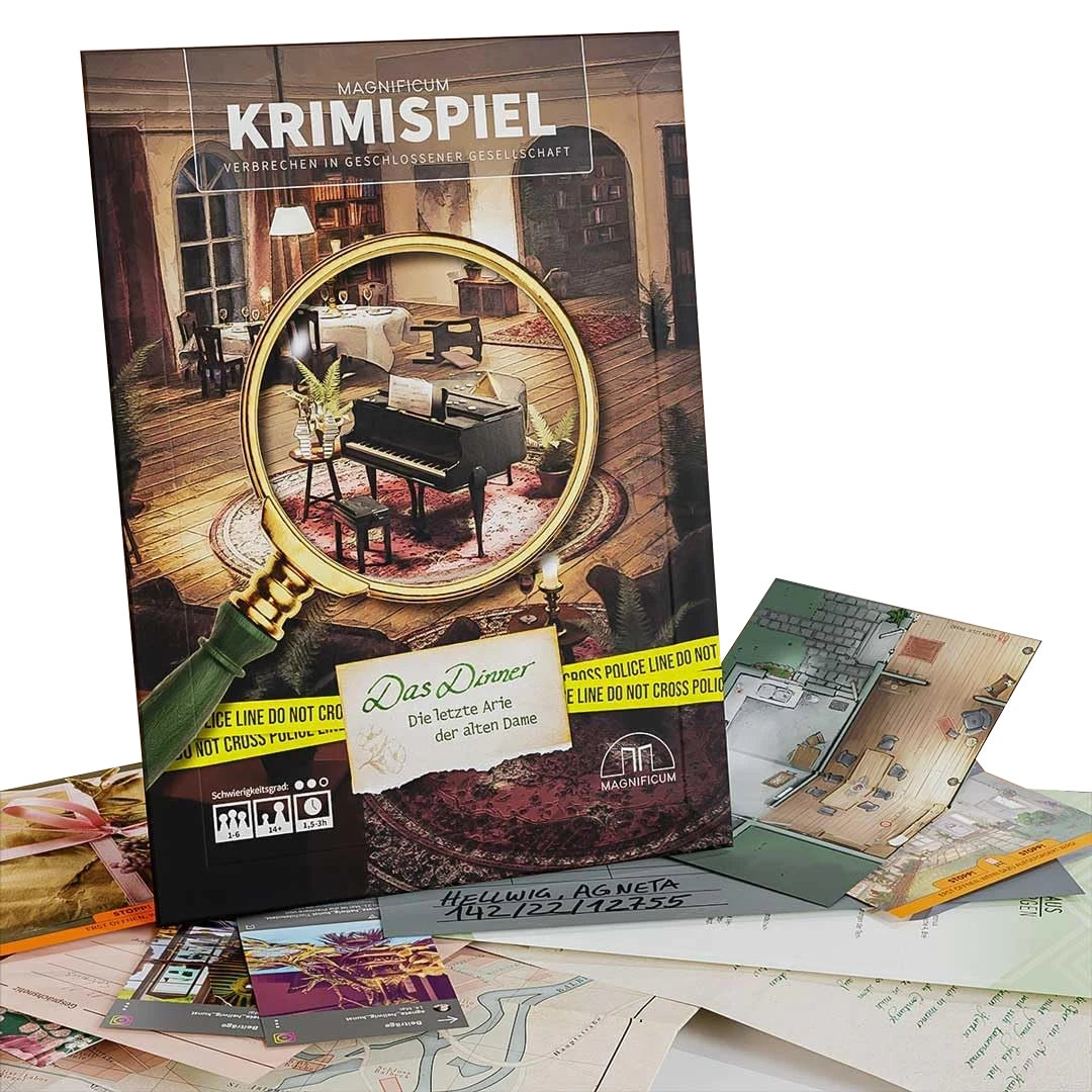 Magnificum Krimispiel Brettspiel mit Lupe, Klavier und Spielkarten