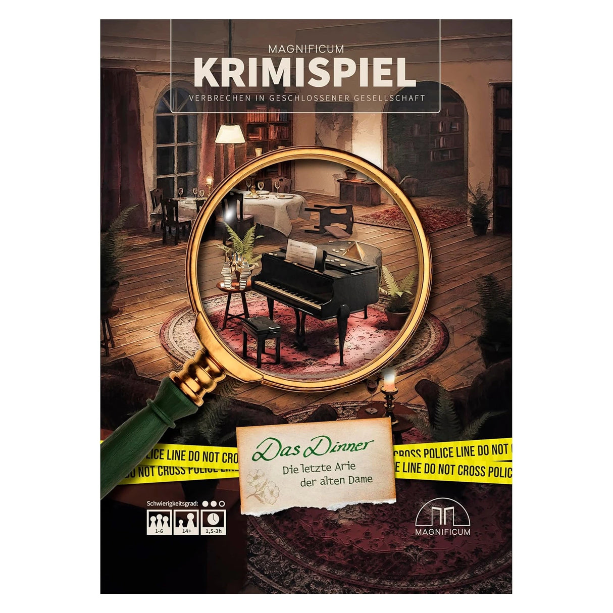 Krimispiel-Cover mit Lupe, die ein Klavier in einem Raum mit Esstisch und Bücherregalen zeigt