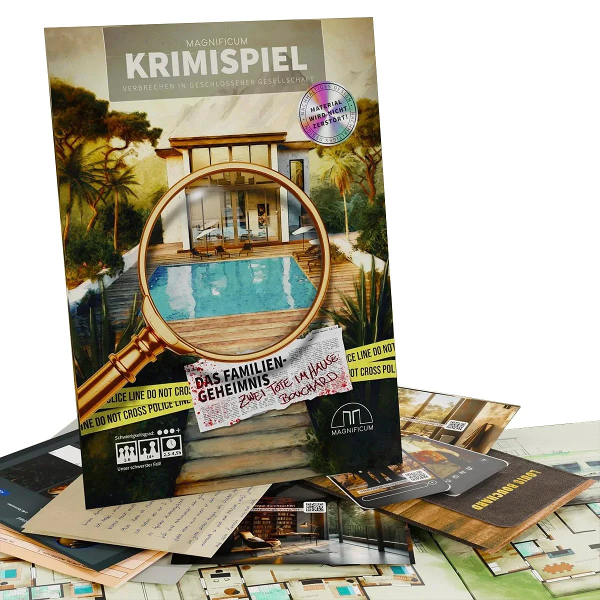 Krimispiel Brettspiel mit Lupe über einem Haus mit Pool und Spielkarten