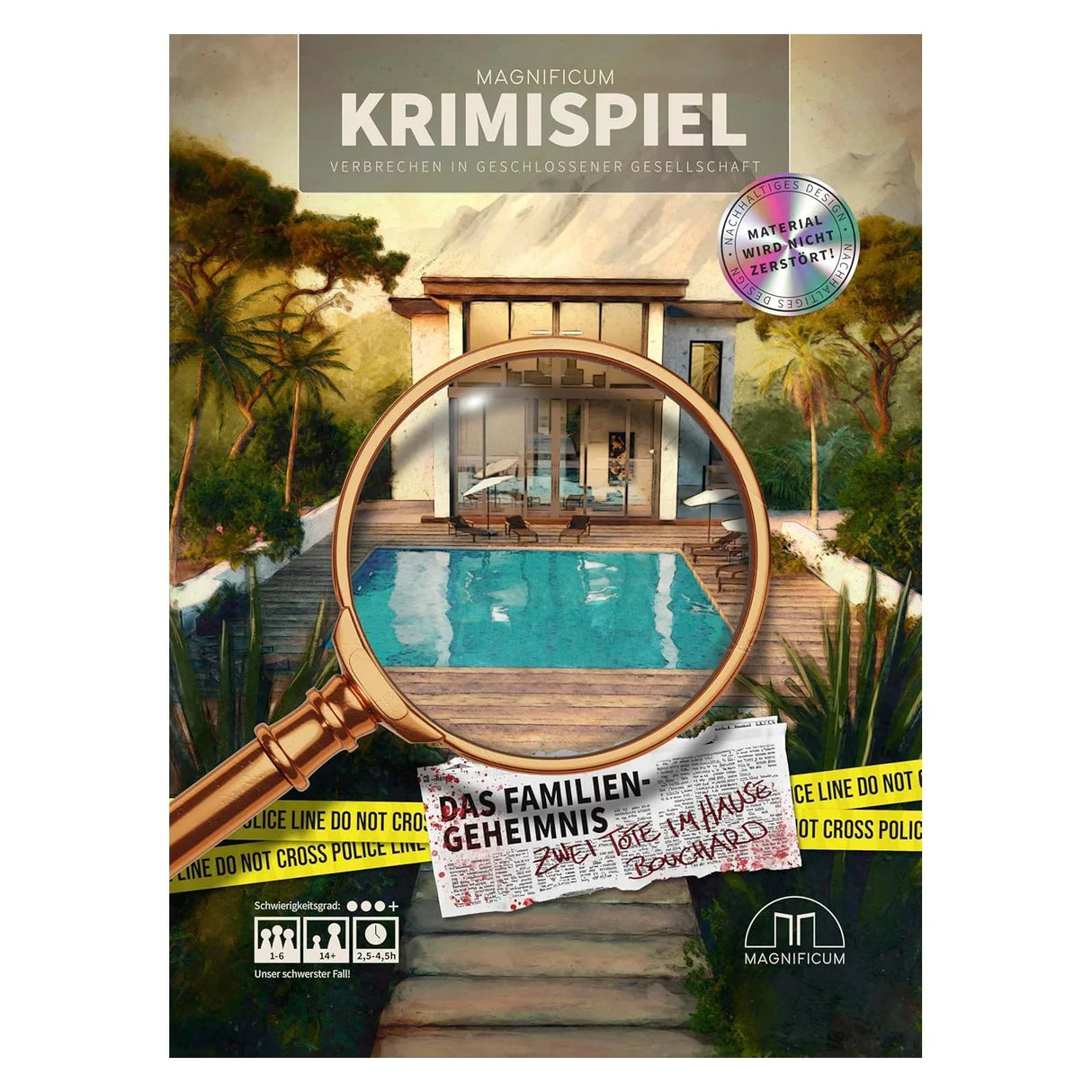 Magnificum Krimispiel Verpackung mit Lupe über einem Haus mit Pool und Zeitungsartikel