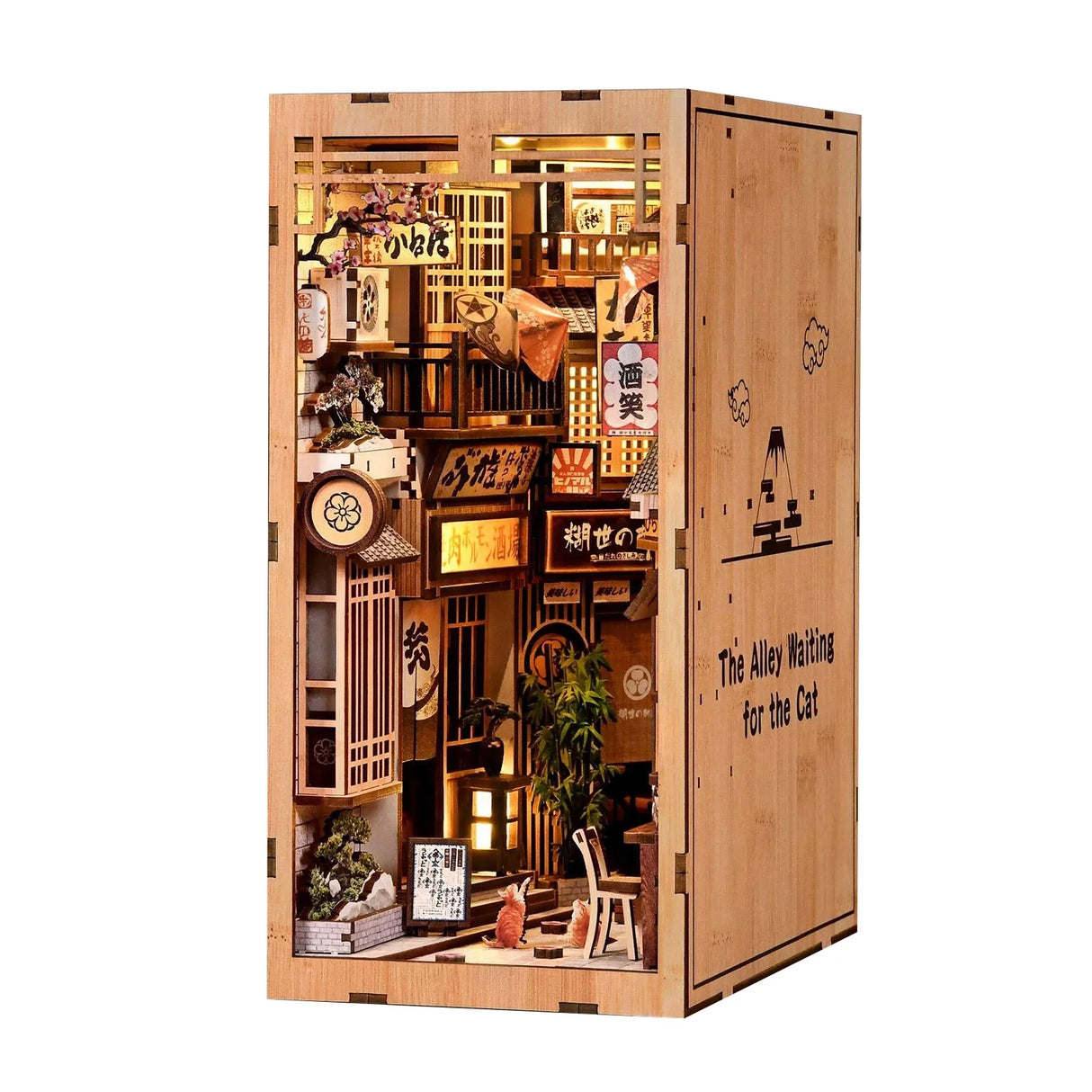 Miniatur-Bücherregal-Einsatz mit japanischer Gasse und Katzen