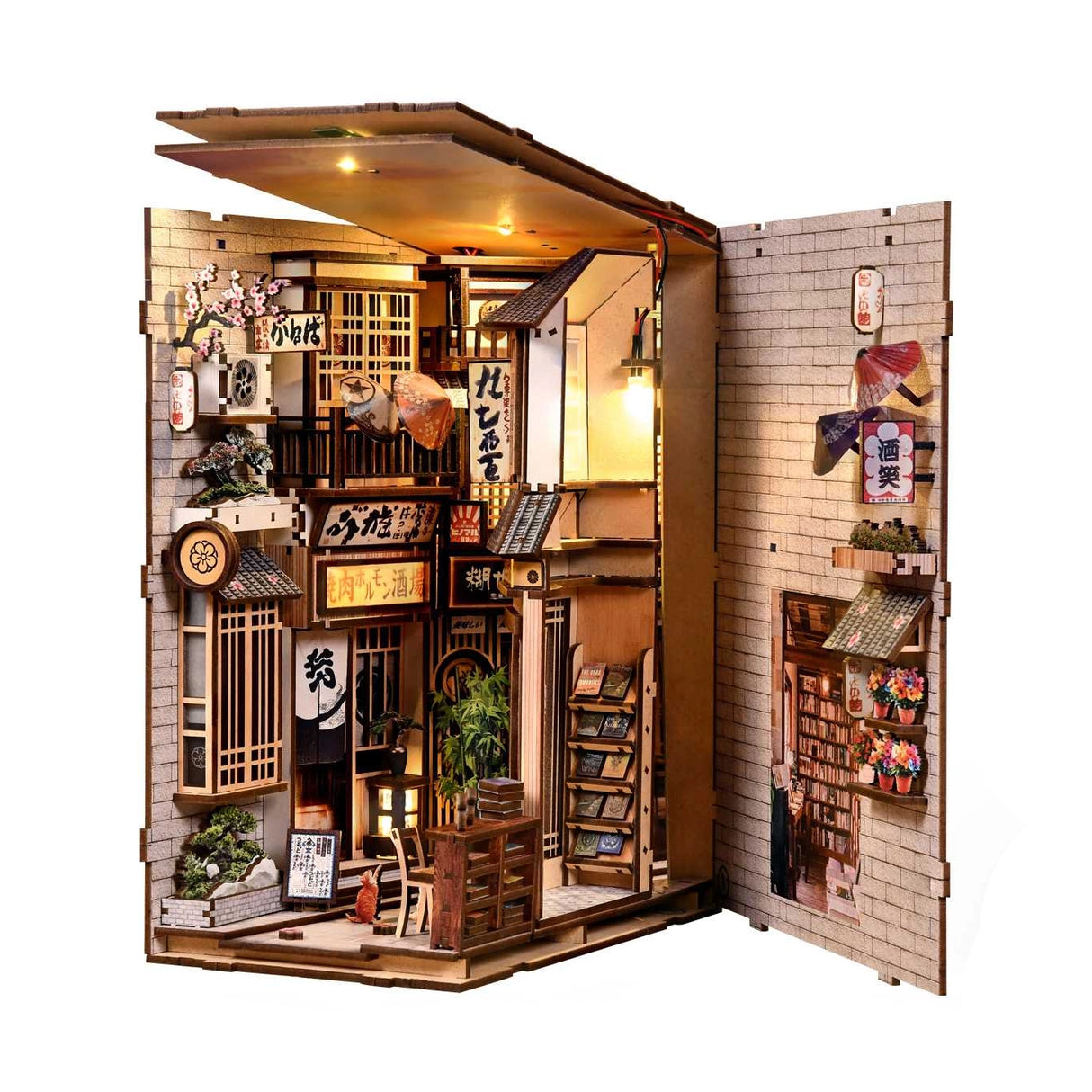 Miniatur-Bücherregal-Einsatz mit japanischem Laden und beleuchteten Details