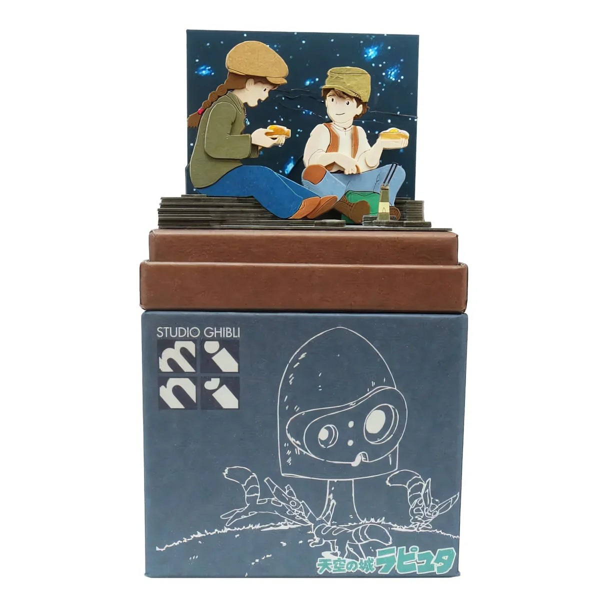 Studio Ghibli Laputa Castle im Himmel Diorama mit Pazu und Sheeta, die auf einem Stapel Bücher sitzen