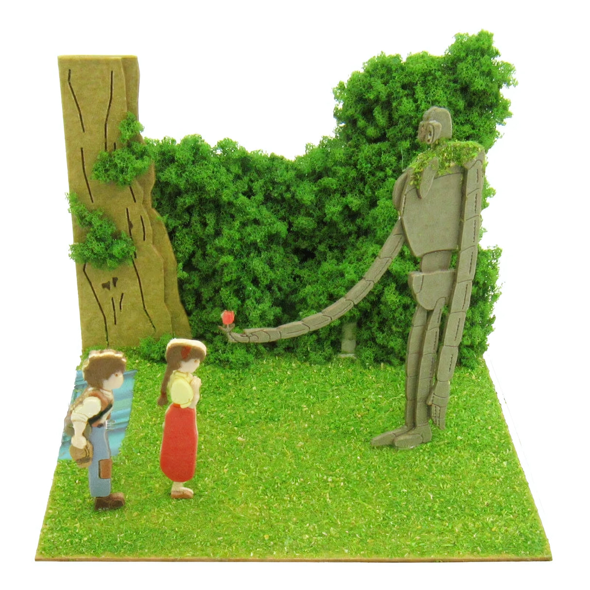 Laputa Schloss im Himmel Diorama mit zwei Kindern und einem Roboter, der eine Blume hält