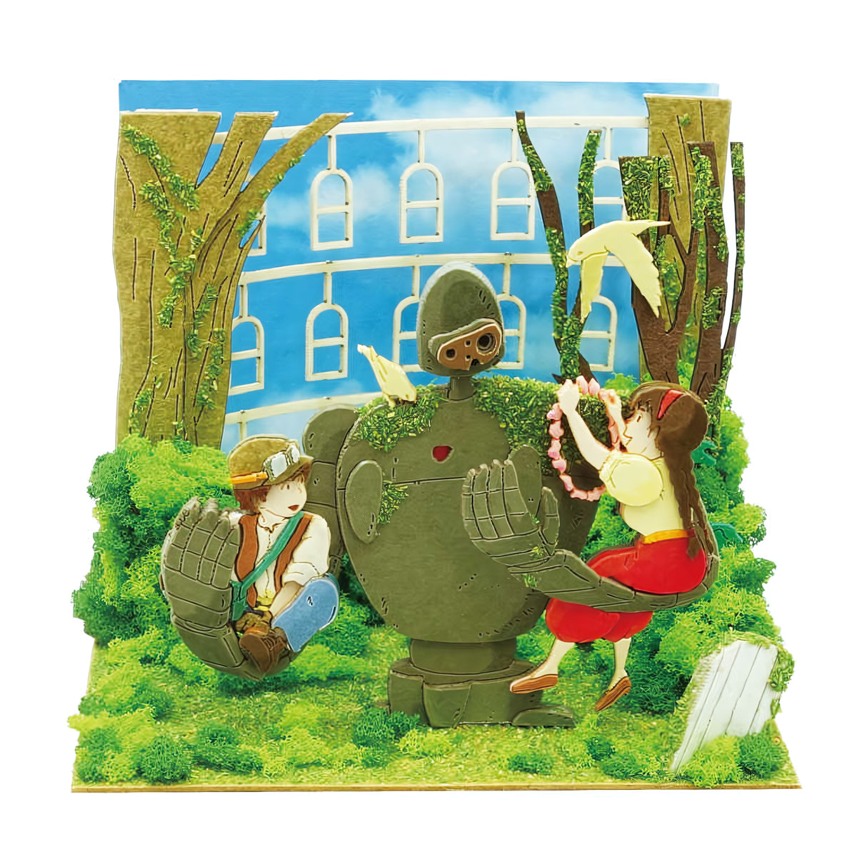 Ein 3D-Puzzle mit einem Roboter, einem Jungen und einem M
u00e4dchen in einer gr
u00fcnen Landschaft mit einem Geb
u00e4ude im Hintergrund
