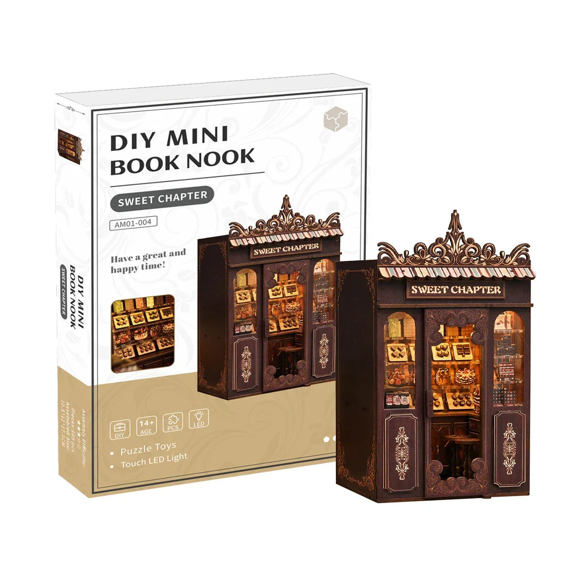 DIY Mini Book Nook Bausatz mit Schachtel und zusammengebautem Modell eines Süßwarenladens