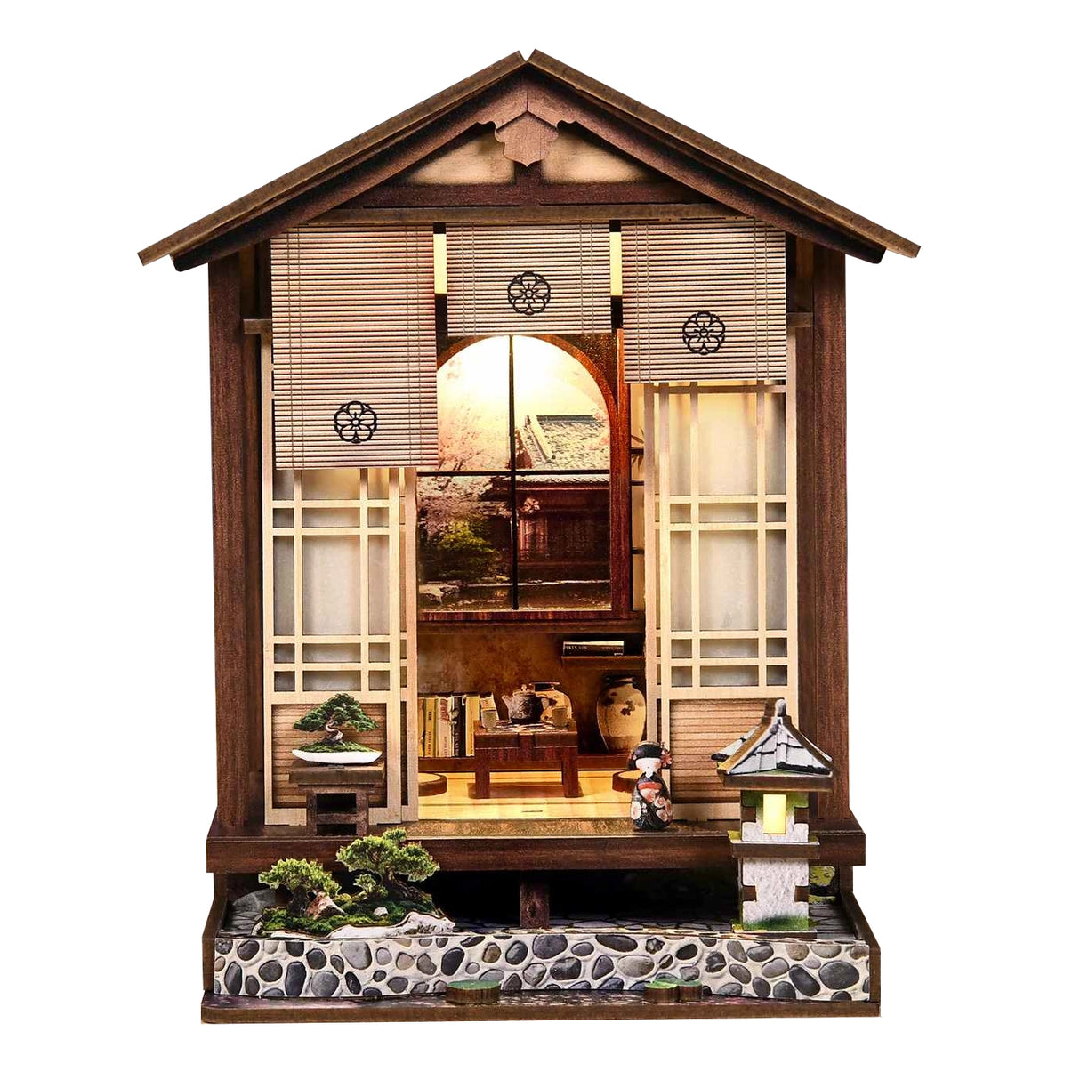 Miniatur-Puppenhaus im japanischen Stil mit Bonsai, Laterne und Kieselsteinen
