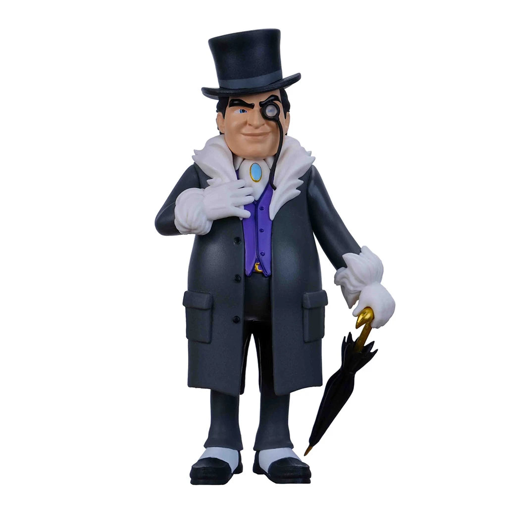 Die Pinguin-Figur aus Batman mit Zylinder, Monokel, Pelzkragenmantel und Regenschirm