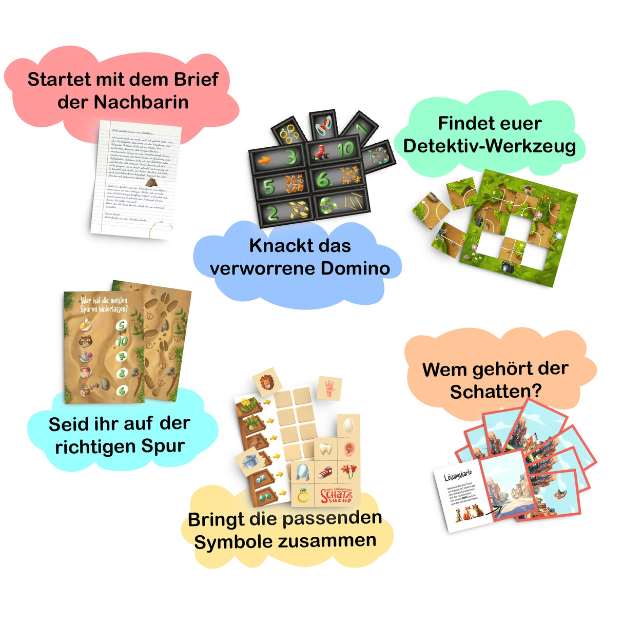 Eine Collage aus verschiedenen Detektivspiel-Elementen wie Briefen, Dominosteinen, Karten und Spielbrettern