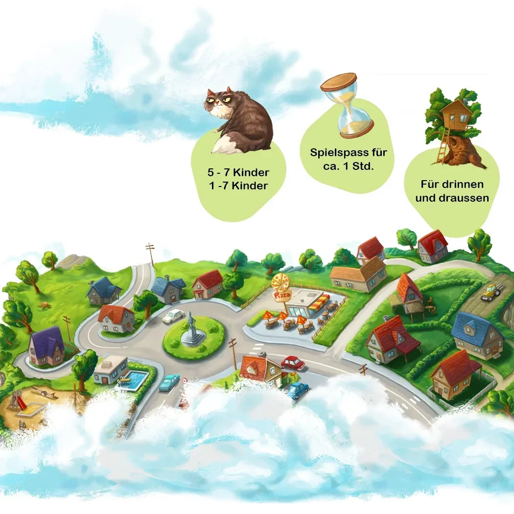 Illustration einer Stadt mit Häusern, Straßen und einem Kreisel. Darüber Symbole für Kinderanzahl, Spieldauer und Spielort