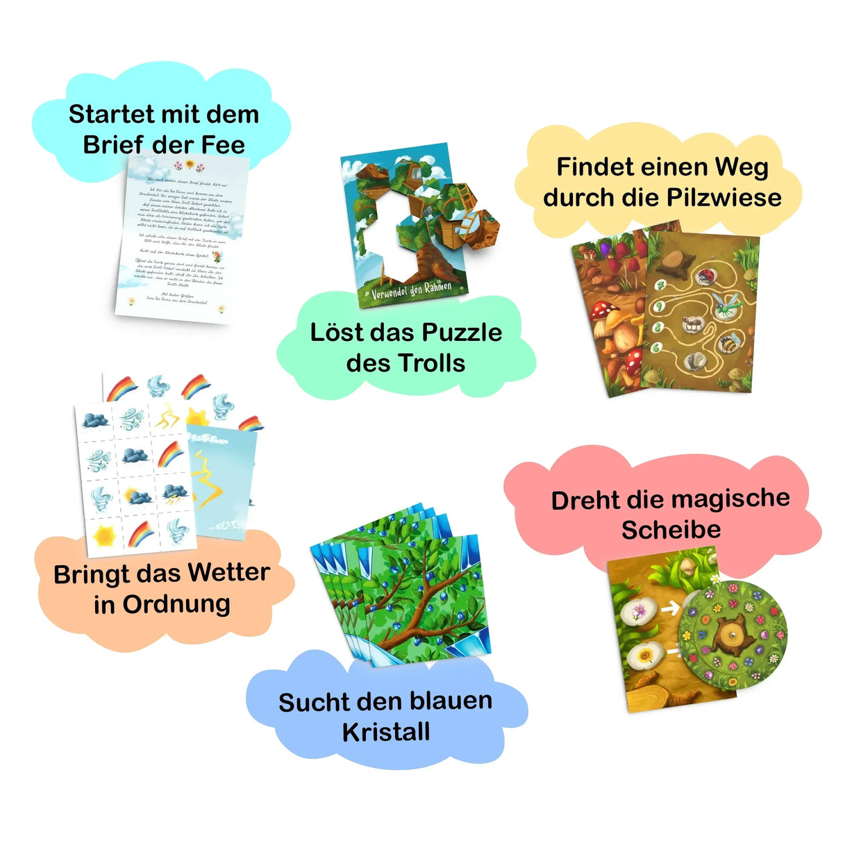 Eine Collage von sechs verschiedenen Spielkarten und Puzzleteilen, die verschiedene Aufgaben darstellen