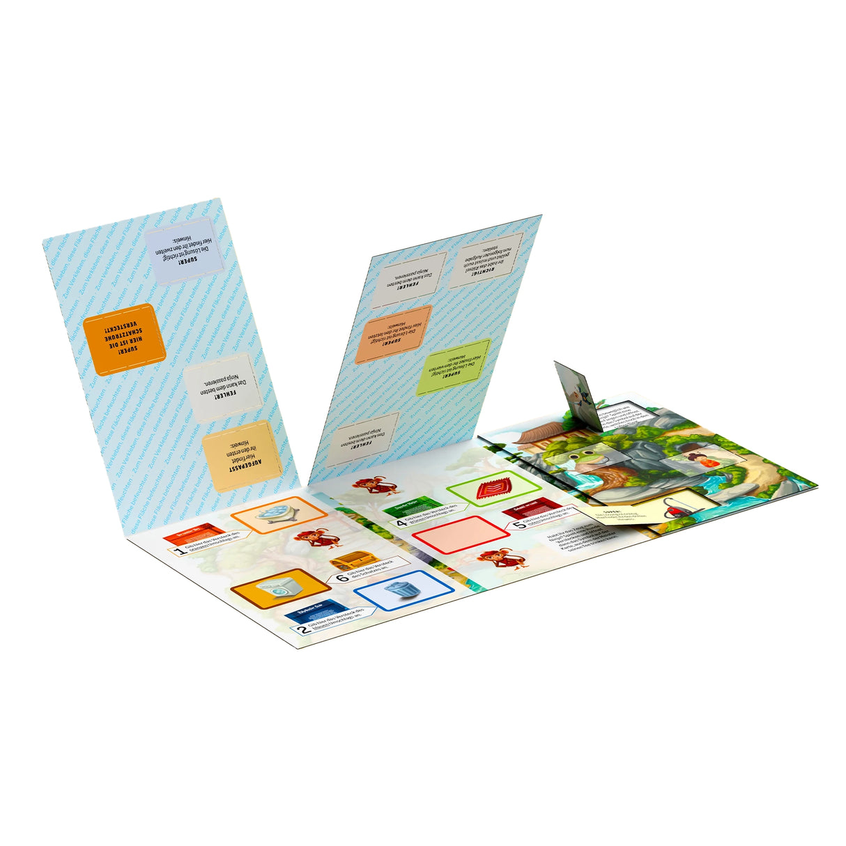 Pop-up-Buch mit Rätseln und Bildern von Mäusen, Teekannen und anderen Gegenständen