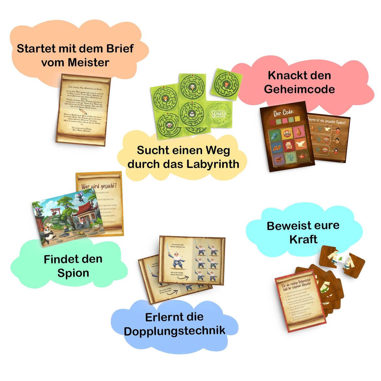 Übersicht der Spielaufgaben: Brief vom Meister, Labyrinth, Geheimcode, Spion finden, Doppelungstechnik, Kraft beweisen