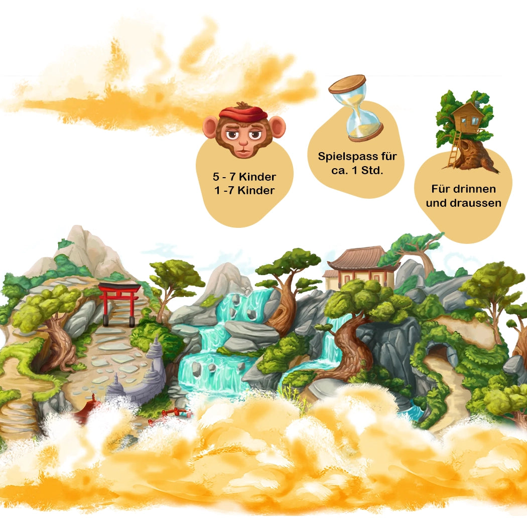 Illustration einer asiatischen Landschaft mit Wasserfall, Affe, Sanduhr und Baumhaus