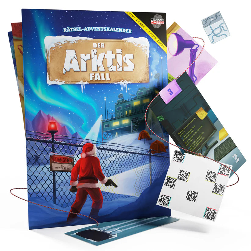 Rätsel-Adventskalender Der Arktis Fall mit Weihnachtsmann, der eine Waffe hält