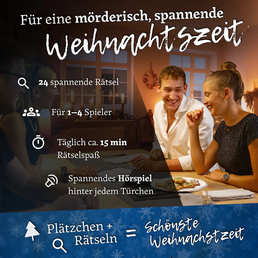 Vier Personen spielen ein Weihnachtsrätselspiel, mit Text der die Funktionen des Spiels beschreibt