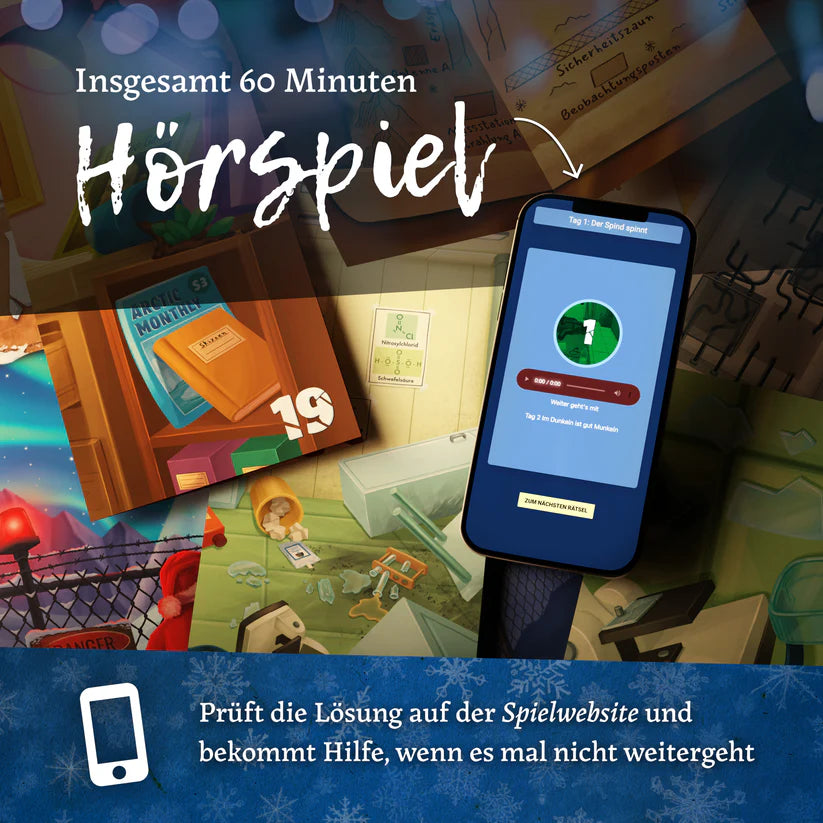 Hörspiel-Cover mit Smartphone, das eine Audio-App anzeigt