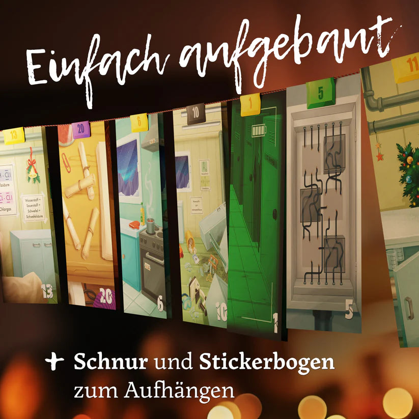 Adventskalender mit verschiedenen Türchen, die Szenen aus einem Escape Room zeigen
