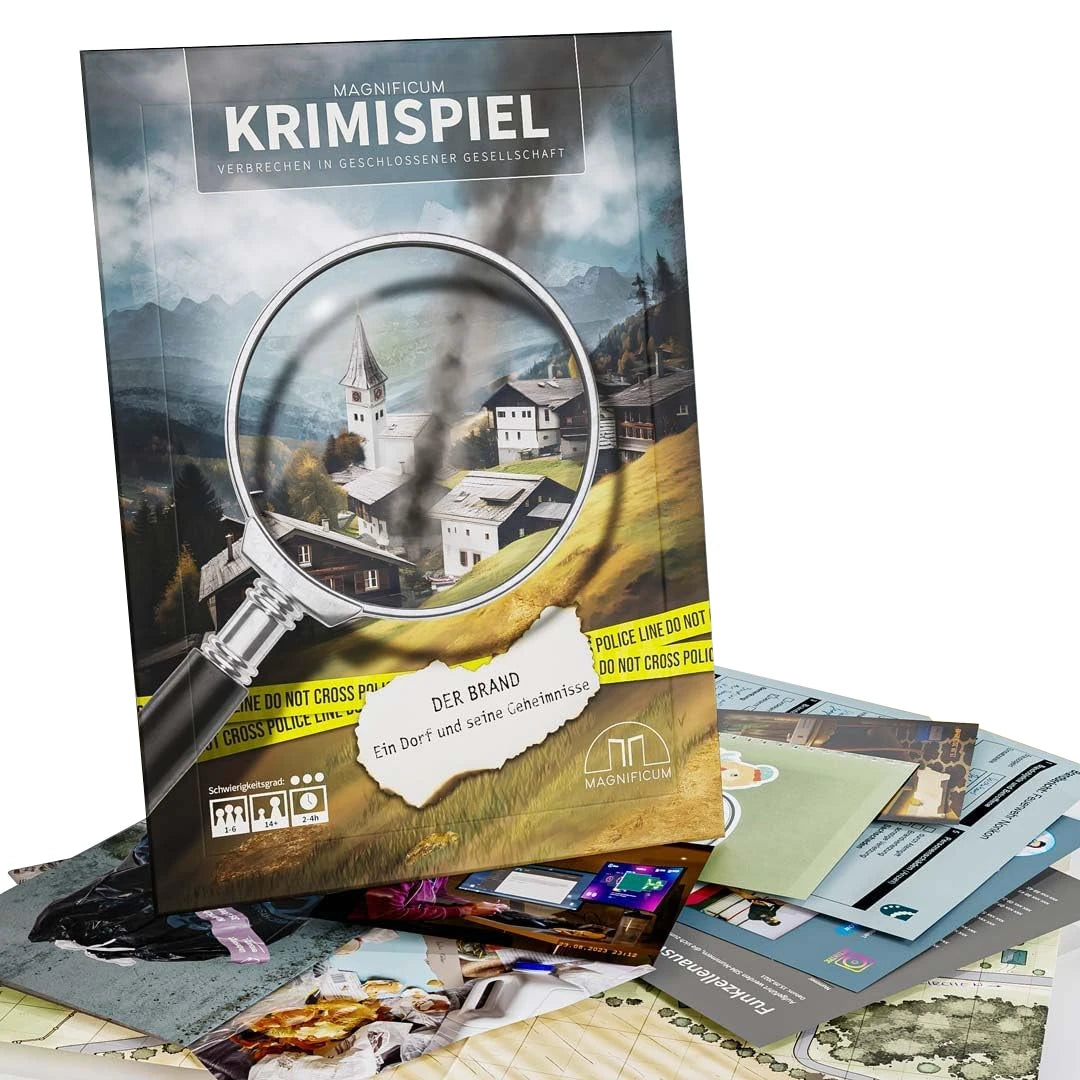 Magnificum Krimispiel Brettspiel mit Lupe über einem Dorf mit rauchendem Schornstein