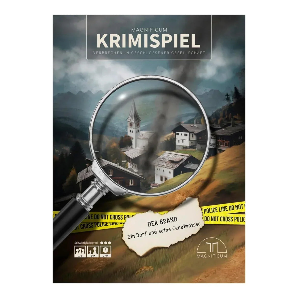Magnificum Krimispiel: Der Brand. Ein Dorf und seine Geheimnisse. Lupe über einem Dorf mit Bergen im Hintergrund