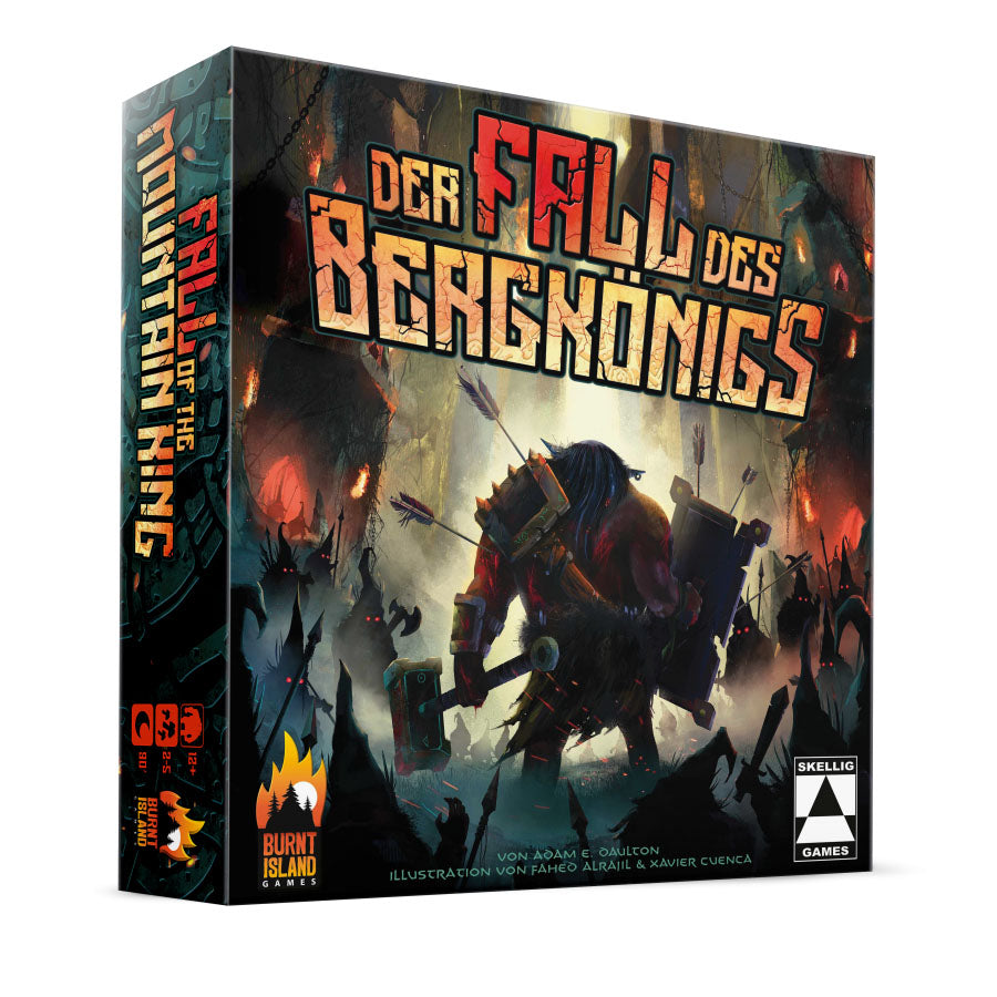 Spielschachtel Der Fall des Bergkönigs mit Illustration eines Kriegers vor einer brennenden Kulisse