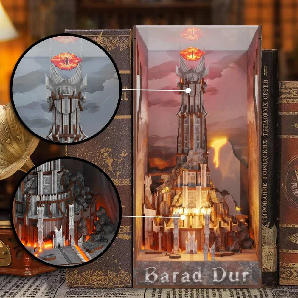 Der Herr der Ringe Book Nook Barad-dûr mit Detailaufnahmen von Auge Saurons und lodernden Lavaströmen am Turmfuss