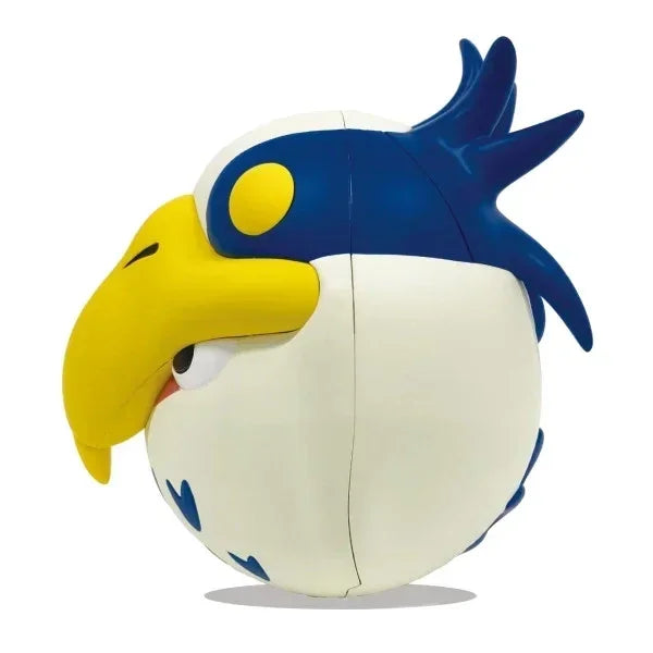 Runde Spielfigur in Vogelform mit gelbem Schnabel und blauem Kamm