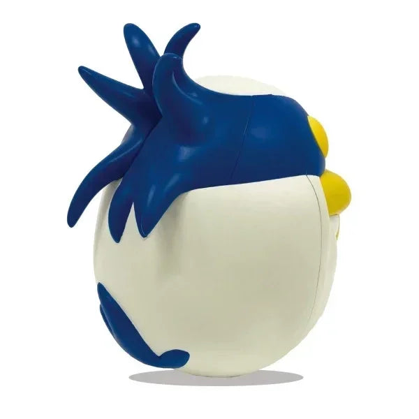 Runde blaue und weiße Comicfigur mit gelbem Schnabel in Seitenansicht
