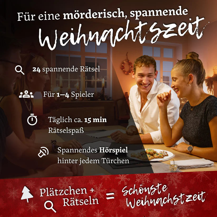 Zwei Personen lachen an einem Tisch mit Keksen, umgeben von Text über ein Weihnachtsrätselspiel