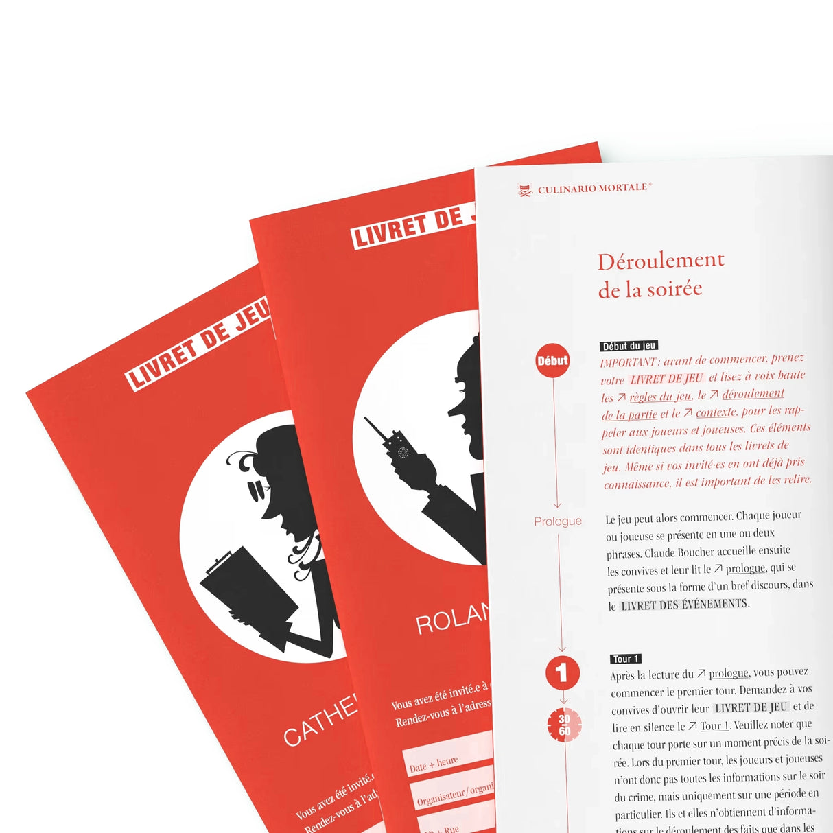 Nahaufnahme von drei roten Spielbüchern mit schwarzen Silhouetten von Personen und Text in Französisch