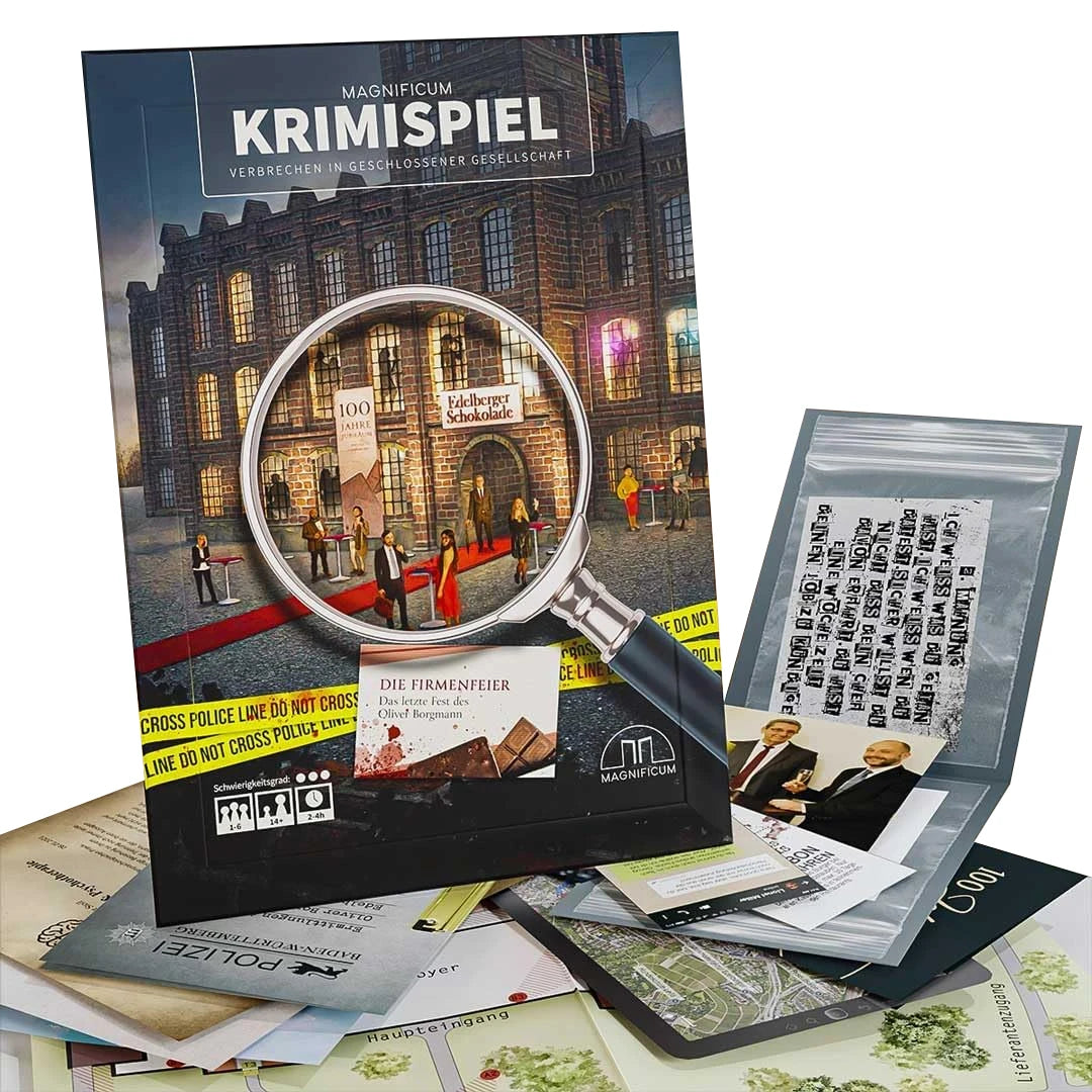 Krimispiel Brettspiel mit Lupe und Spielmaterialien