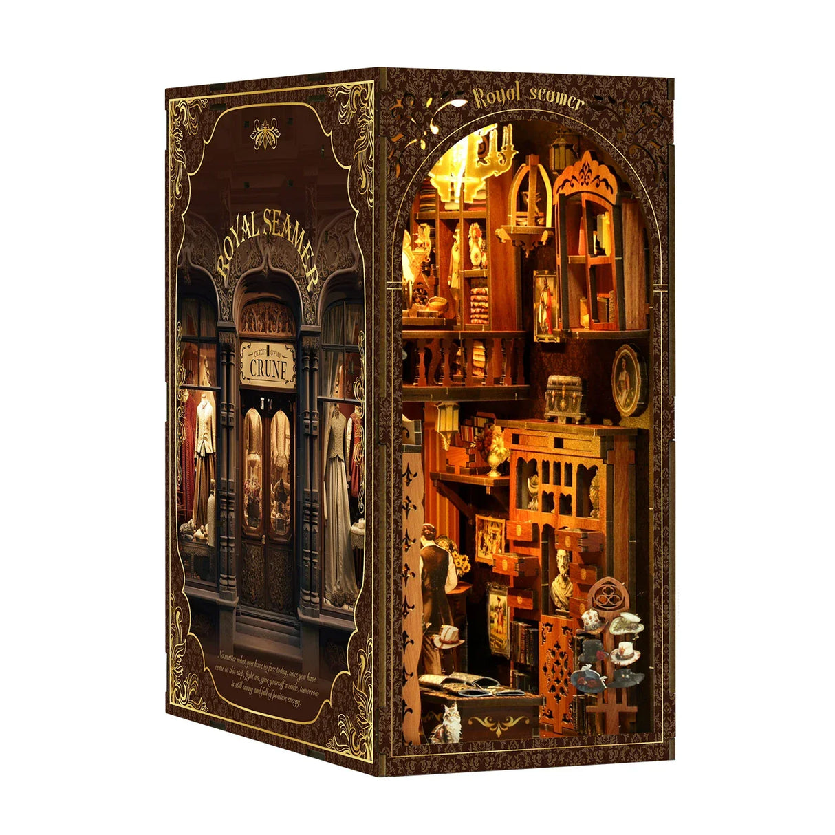 Miniatur-Diorama eines zweistöckigen Geschäfts mit Schaufenstern und einem Innenraum voller Bücher und Möbel
