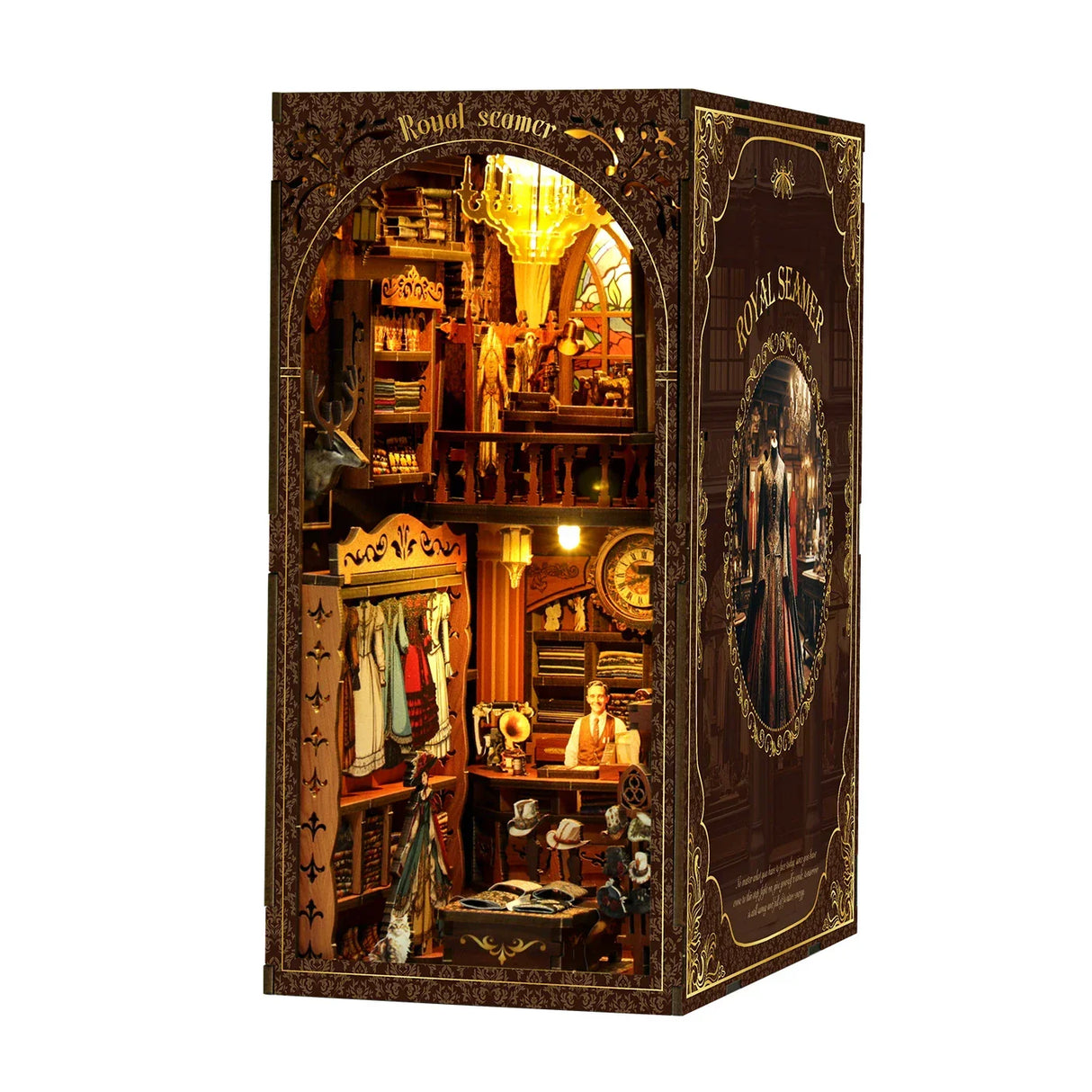 Miniatur-Diorama eines viktorianischen Herrenbekleidungsgeschäfts mit Schneider und Kleiderständern