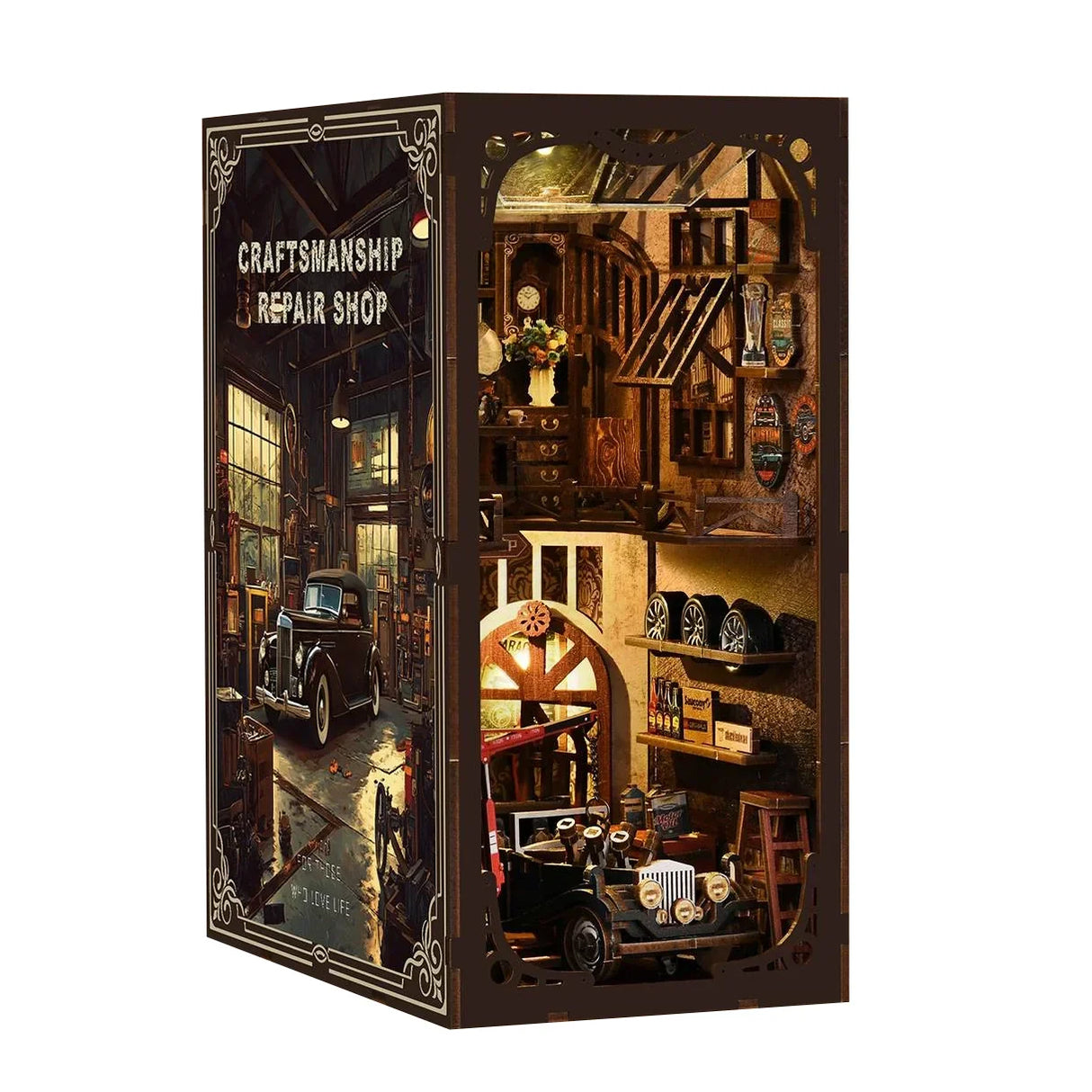 Miniatur-Buchstütze mit Werkstattmotiv und Oldtimern