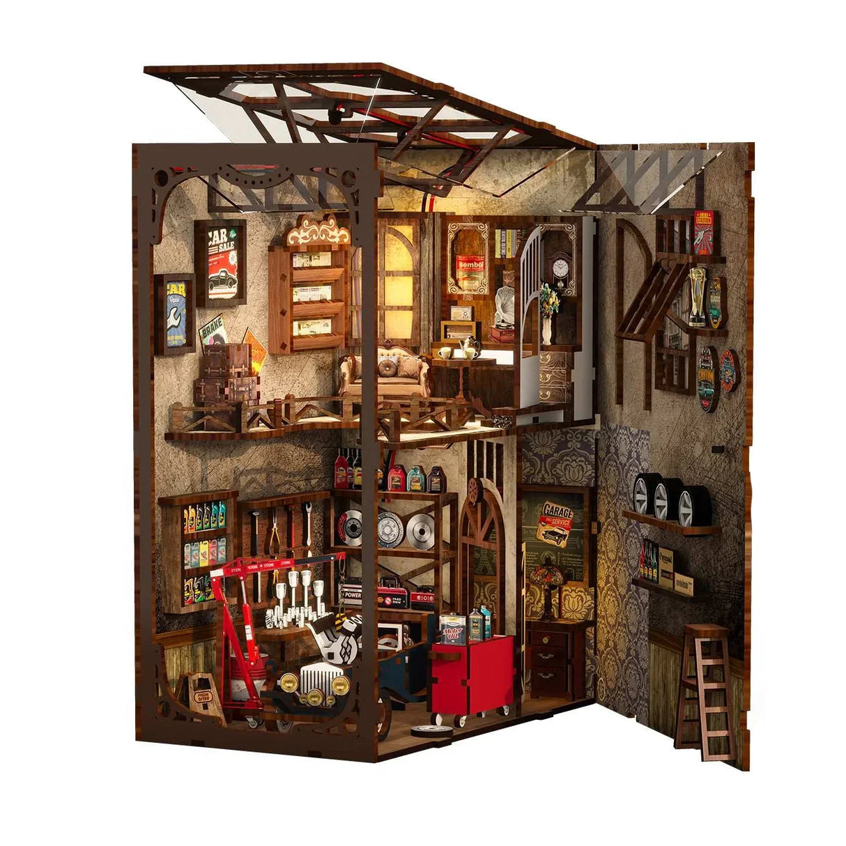 Miniatur-Modell einer Garage mit Werkzeugen, Regalen und einem Oldtimer