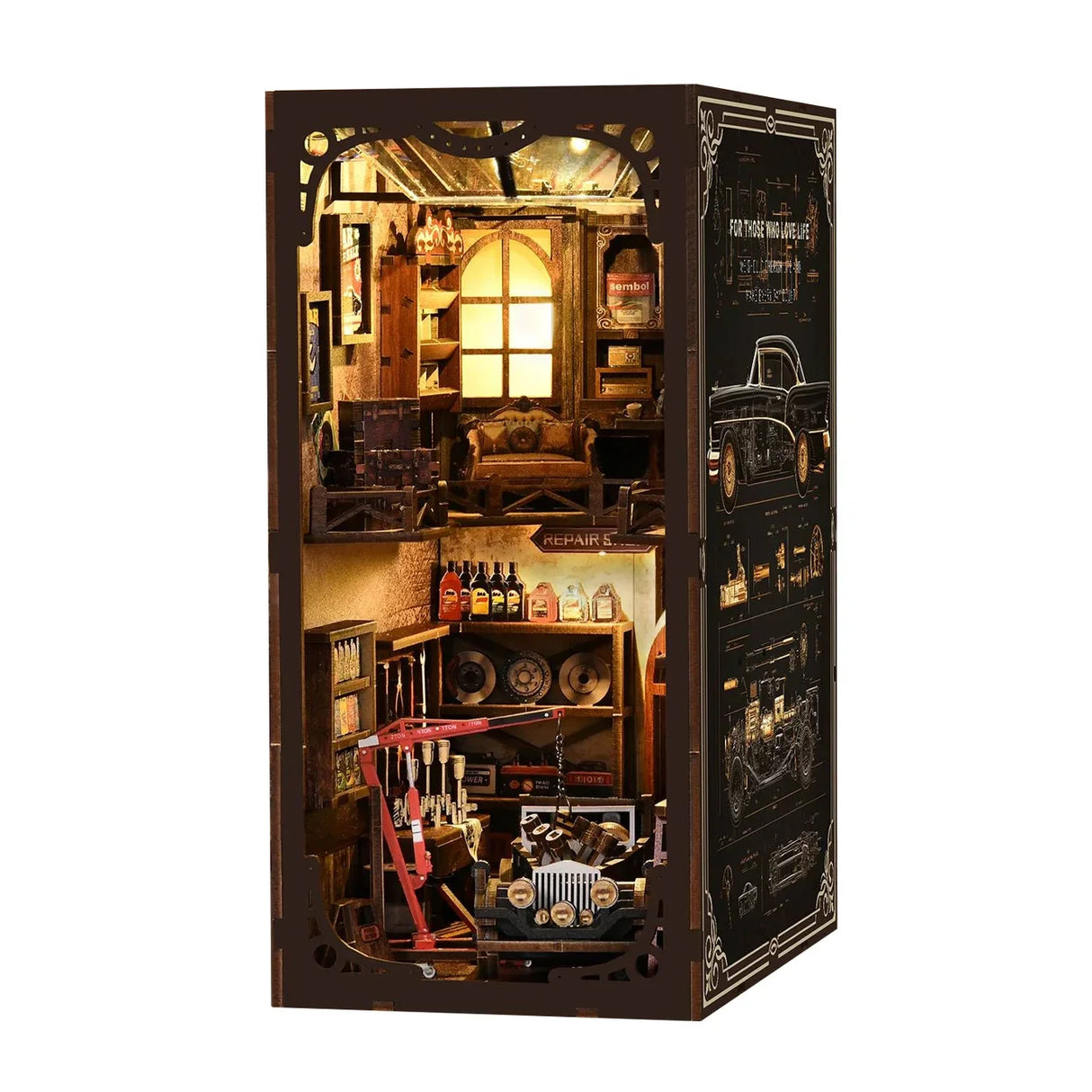 Miniatur-Diorama einer Werkstatt mit Hebebühne und Werkzeugen