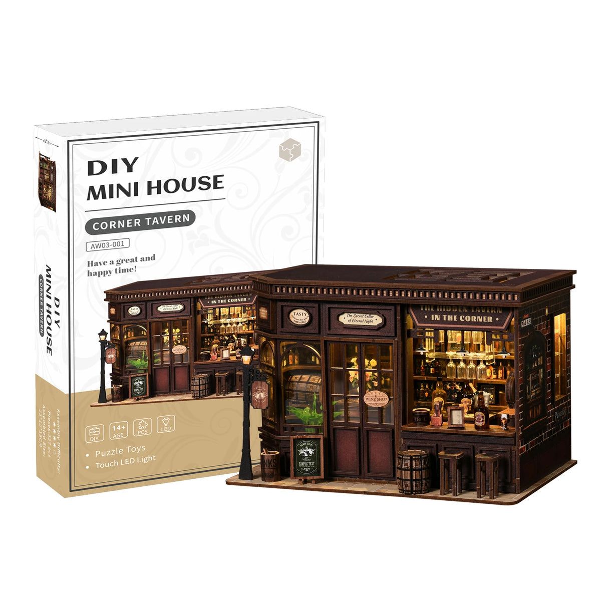 DIY Minihaus Ecktaverne Bausatz mit LED-Beleuchtung und detaillierter Einrichtung