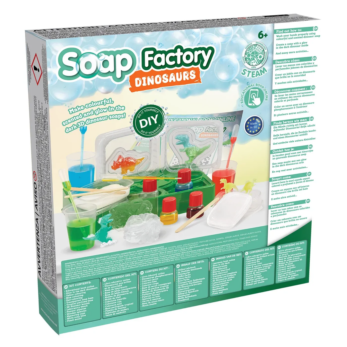 Verpackung des Seifenfabrik Dinosaurier-Sets mit Seifenformen und Farben