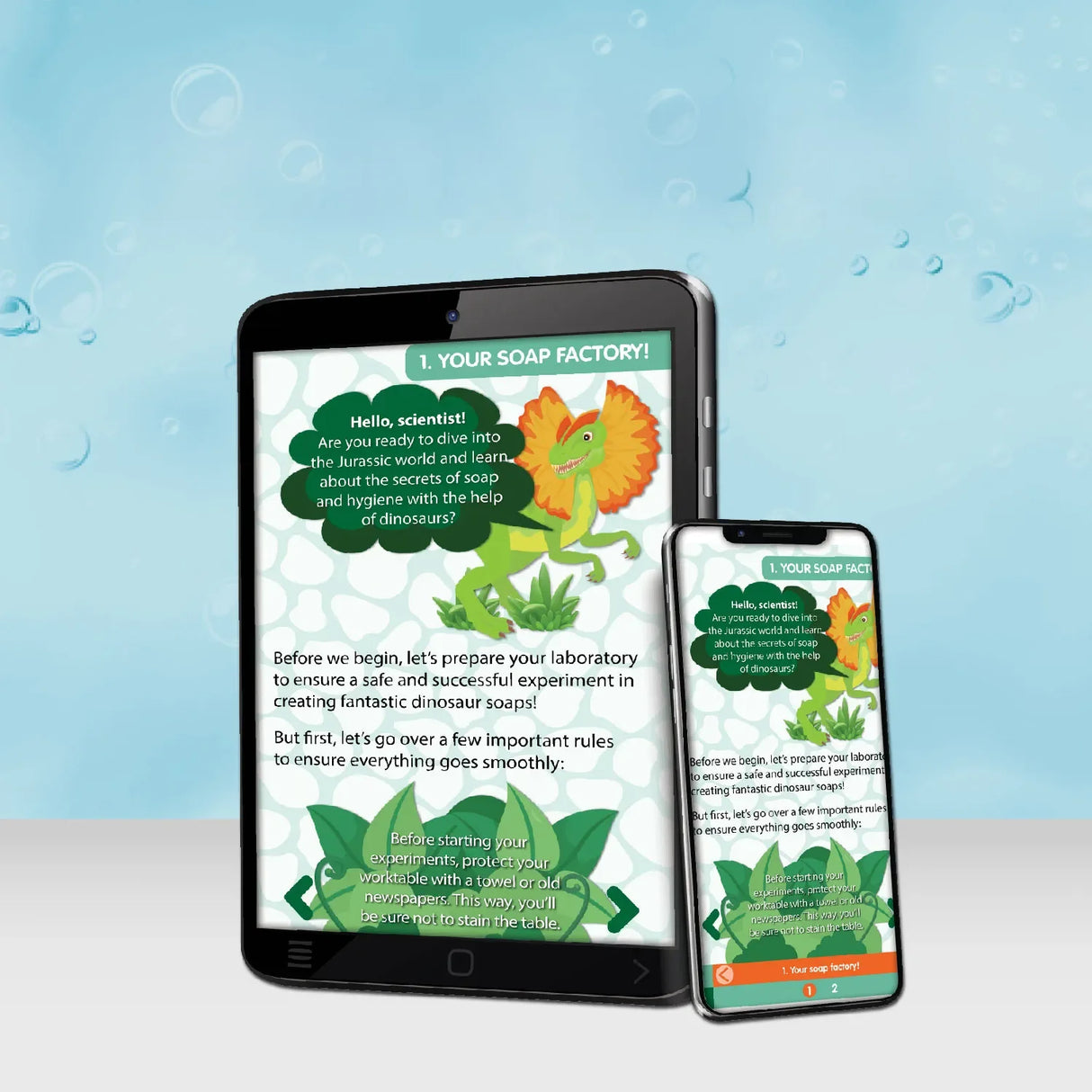 Tablet und Smartphone zeigen eine Dinosaurier-Seifenfabrik-App