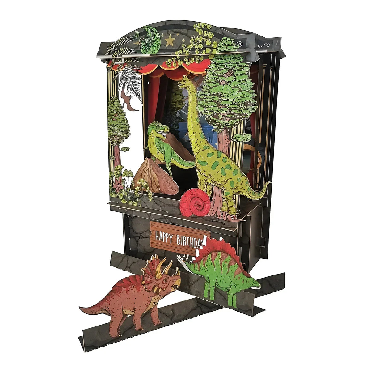 Pop-up-Karte mit Dinosauriern, Bäumen und einem Schild Happy Birthday